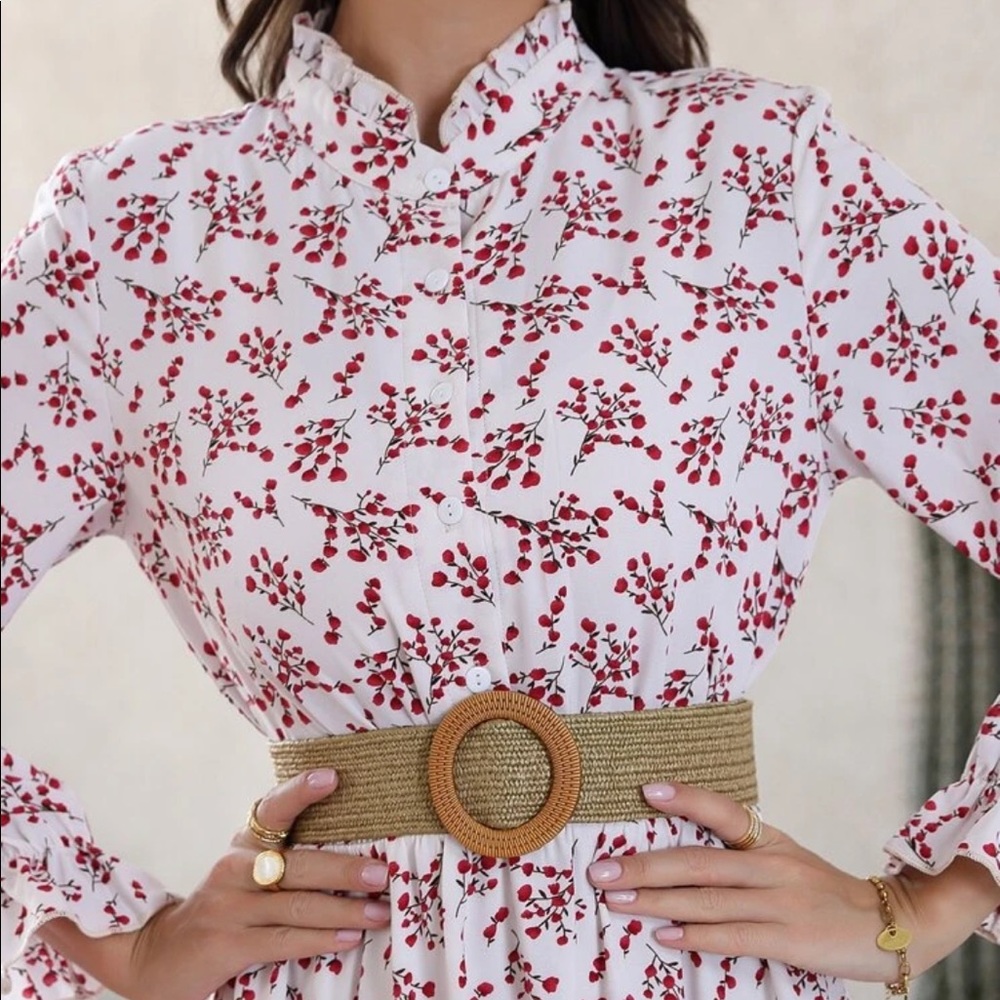 Allover print flounce sleeve shirt dress w/o belt - Picture 3 of 6